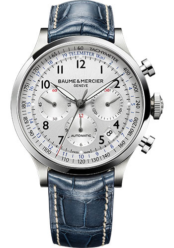 Baume & Mercier Capeland Automatic Watch - Chronograph - 44 mm Steel Case - Silver Dial - Blue Alligator Strap