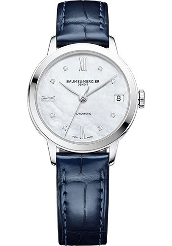 Baume & Mercier Classima Automatic Watch - Date - Diamond-Set - 31 mm Steel Case - Diamond White Mother-Of-Pearl Dial - Shiny Blue Alligator Strap