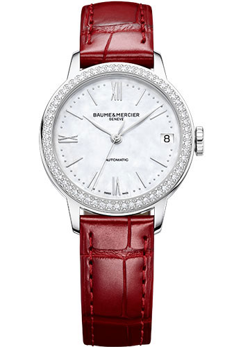 Baume & Mercier Classima Automatic Watch - Date - Diamond-Set - 31 mm Steel Case - White Mother-Of-Pearl Dial - Shiny Red Alligator Strap