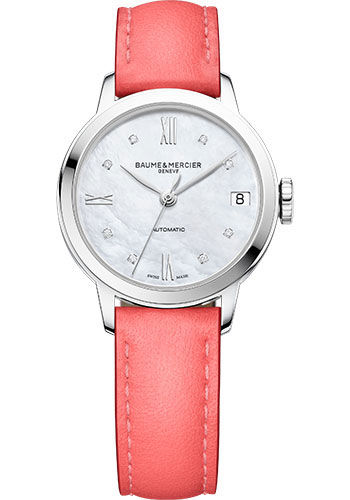 Baume & Mercier Classima Automatic Watch - Date - Diamond-Set - 31 mm Steel Case - Diamond White Mother-Of-Pearl Dial - Pink Calfskin Strap