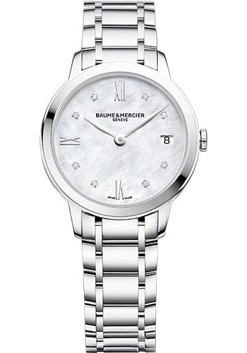 Baume & Mercier Classima Quartz Watch - Date Display - Diamond-Set - 31mm Steel Case - Diamond White Mother-Of-Pearl Dial - Steel Bracelet