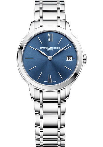 Baume & Mercier Classima Quartz Watch - Date Display - Diamond-Set - 31 mm Steel Case - Blue Dial - Steel Bracelet