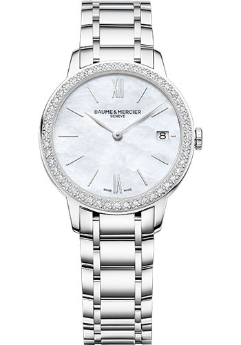 Baume & Mercier Classima Quartz Watch - Date Display - Diamond-Set - 31 mm Steel Case - White Mother-Of-Pearl Dial - Steel Bracelet