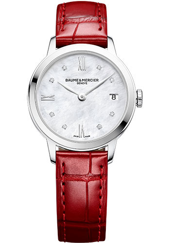 Baume & Mercier Classima Quartz Watch - Date Display - Diamond-Set - 31 mm Steel Case - Diamond White Mother-Of-Pearl Dial - Shiny Red Alligator Strap