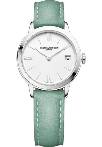 Baume & Mercier Classima Quartz Watch - Date Display - 31 mm Steel Case - White Dial - Mint Calfskin Strap