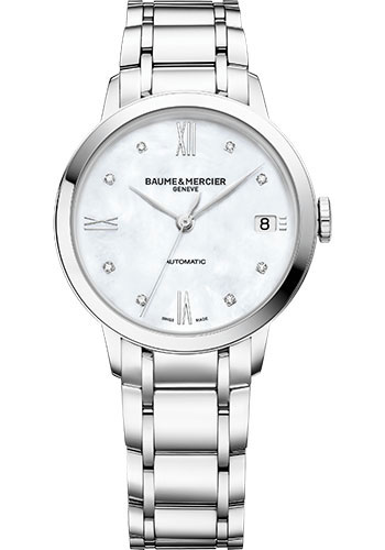 Baume & Mercier Classima Automatic Watch - Date - Diamond-Set - 34 mm Steel Case - Diamond Mother-Of-Pearl Dial - Polished Strap