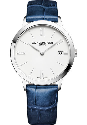 Baume & Mercier Classima Quartz Watch - Date Display - 36.5 mm Steel Case - White Dial - Blue Calfskin Strap