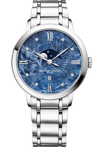Baume & Mercier Classima Quartz Watch - Moon Phase - Diamond-Set - 36.5 mm Steel Case - Diamond Night Blue Mother-Of-Pearl Dial - Steel Bracelet