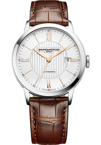Baume & Mercier Classima Automatic Watch - Date Display - 40 mm Steel Case - Silver Dial - Light Brown Alligator Strap
