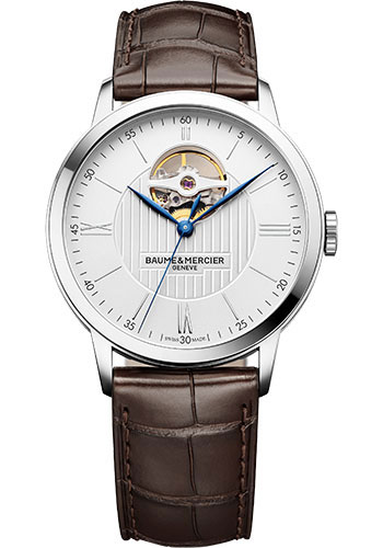 Baume & Mercier Classima Automatic Watch - Open Balance - 40 mm Steel Case - Silver Dial - Dark Brown Alligator Strap
