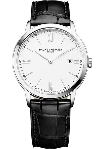 Baume & Mercier Classima Quartz Watch - Date Display - 40 mm Steel Case - White Dial - Black Calfskin Strap