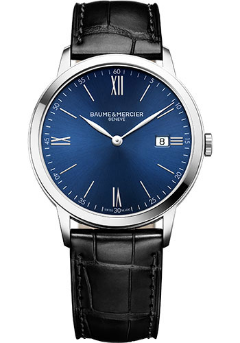 Baume & Mercier Classima Quartz Watch - Date Display - 40 mm Steel Case - Blue Dial - Black Calfskin Strap