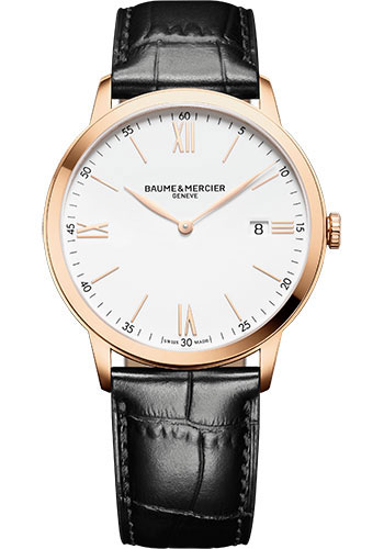 Baume & Mercier Classima Quartz Watch - Date Display - 40 mm Steel Pink Gold Plated Case - White Dial - Black Calfskin Strap