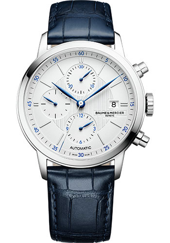 Baume & Mercier Classima Automatic Watch - Chronograph - 42 mm Steel Case - Silver Dial - Blue Alligator Strap