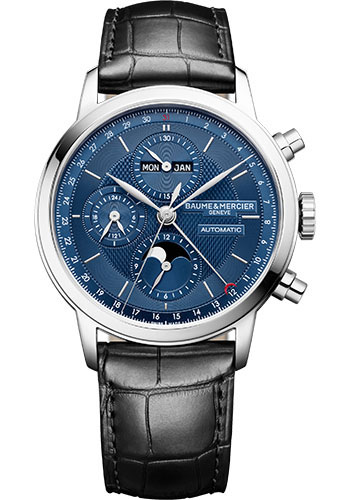 Baume & Mercier Classima Automatic Watch - Chronograph - 42 mm Steel Case - Blue Dial - Black Alligator Strap