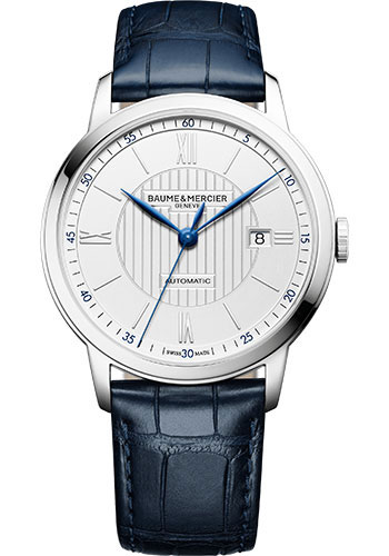 Baume & Mercier Classima Automatic Watch - Date Display - 42 mm Steel Case - Silver Dial - Blue Alligator Strap