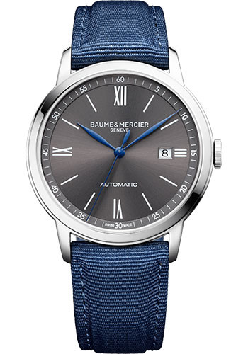 Baume & Mercier Classima Automatic Watch - Date Display - 42 mm Steel Case - Slate-Gray Dial - Blue Canvas Strap