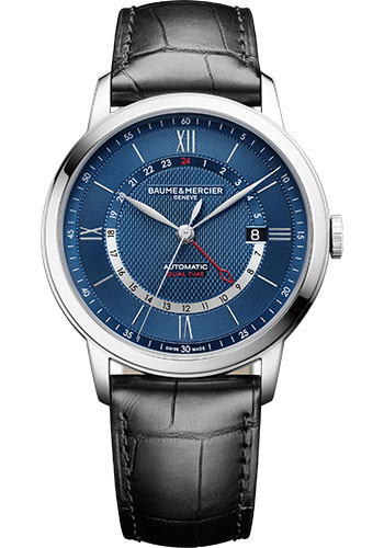 Baume & Mercier Classima Automatic Watch - Dual Time - Central Hand - 42 mm Steel Case - Blue Dial - Black Alligator Strap
