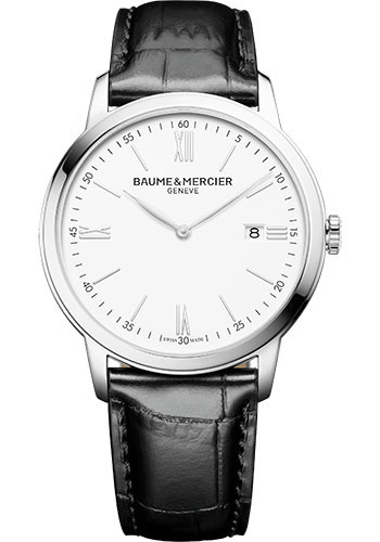 Baume & Mercier Classima Quartz Watch - Date Display - 42 mm Steel Case - White Dial - Black Calfskin Strap