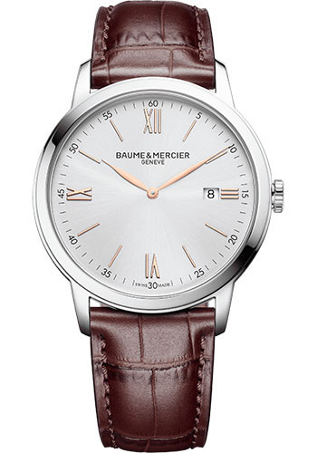 Baume & Mercier Classima Quartz Watch - Date Display - 42 mm Steel Case - Dial - Red-Brown Calfskin Strap