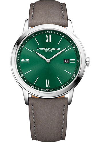 Baume & Mercier Classima Quartz Watch - Date Display - 42 mm Steel Case - Green Dial - Gray-Brown Calfskin Strap