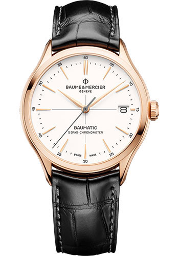 Baume & Mercier Clifton Automatic Watch - COSC Certified - Date - 39 mm 18K Pink Gold Case - Warm-White Dial - Black Alligator Strap