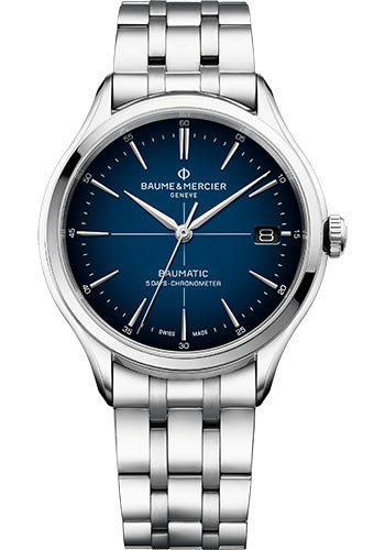 Baume & Mercier Clifton Automatic Watch - COSC Certified - Date - 40 mm Steel Case - Blue Dial - Steel Bracelet