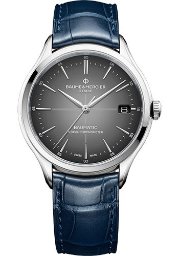 Baume & Mercier Clifton Automatic Watch - COSC Certified - Date - 40 mm Steel Case - Gray Dial - Blue Alligator Strap