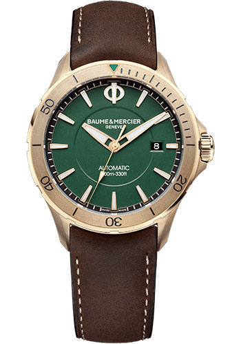 Baume & Mercier Clifton Club Automatic Watch - Date Display - Bronze - 42 mm Bronze Case - Green Dial - Brown Calfskin Strap