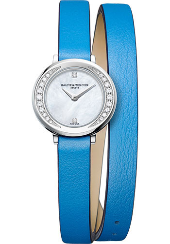 Baume & Mercier Petite Promesse Quartz Watch - Diamond-Set - Mother-of-Pearl - 22 mm Steel Case - Diamond Mother-Of-Pearl Dial - Blue Calfskin Strap