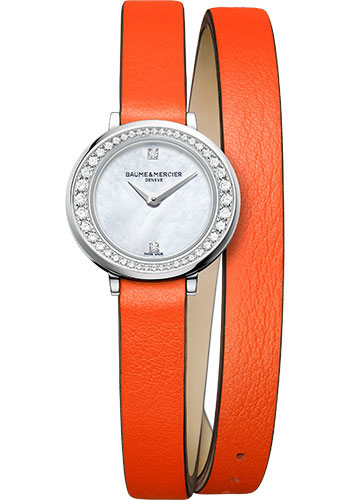 Baume & Mercier Petite Promesse Quartz Watch - Diamond-Set - Mother-of-Pearl - 22 mm Steel Case - Diamond Mother-Of-Pearl Dial - Orange Calfskin Strap