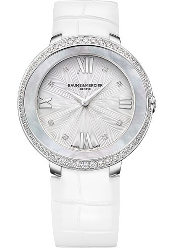Baume & Mercier Promesse Quartz Watch - Diamond-Set - 34 mm Diamond and Set Steel Case - Diamond Silver Dial - Glossy White Alligator Strap