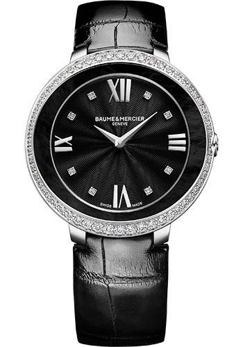 Baume & Mercier Promesse Quartz Watch - Diamond-Set - 34 mm Diamond and Set Steel Case - Diamond Black Dial - Glossy Black Alligator Strap