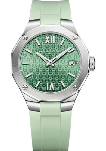 Baume & Mercier Riviera Quartz Watch - Date Display - 36mm Steel Case - Green Dial - Light Green Rubber Strap