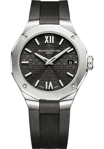Baume & Mercier Riviera Quartz Watch - Date Display - Diamond-Set - 36 mm Steel Case - Black Dial - Black Rubber Strap