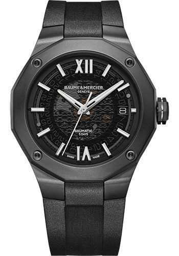 Baume & Mercier Riviera Automatic Watch - Date Display - 42mm Black ADLC Case - Gray Dial - Black Rubber Strap