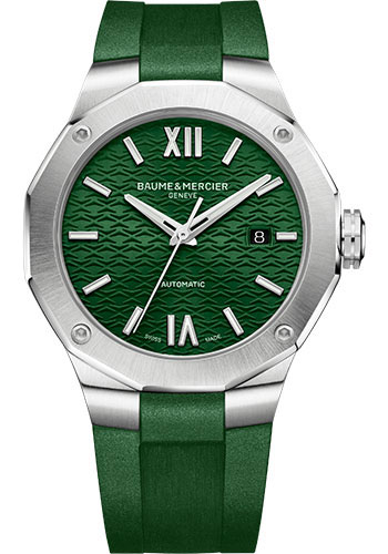 Baume & Mercier Riviera Automatic Watch - Date Display - 42mm Steel Case - Green Dial - Green Rubber Strap