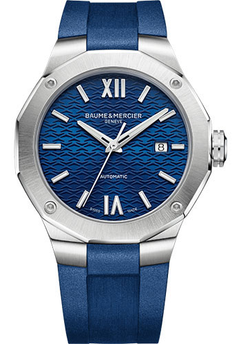 Baume & Mercier Riviera Automatic Watch - Date Display - 42mm Steel Case - Blue Dial - Blue Rubber Strap