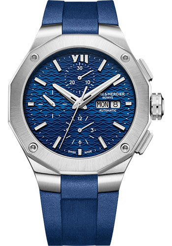 Baume & Mercier Riviera Automatic Watch - Chronograph - 43 mm Steel Case - Blue Dial - Blue Rubber Strap