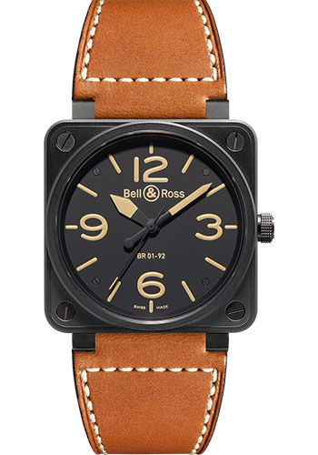 Bell & Ross BR 01-92 Heritage., movement with hours, minutes, seconds, gold calfskin with a hot stamped finish strap