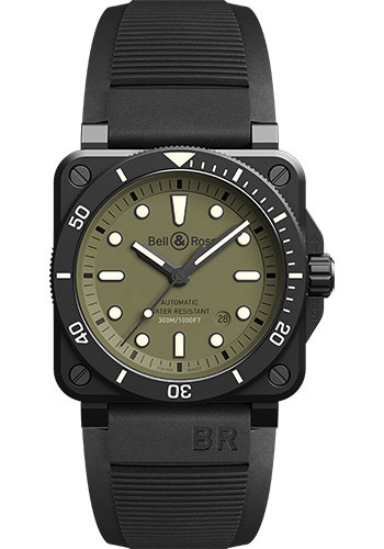 Bell & Ross BR 03-92 Diver Military - Black Rubber and Khaki Fabric Straps of 999
