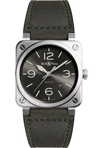 Bell & Ross BR 03-92 Grey LUM. 42 mm satin-polished steel case, sapphire crystal crystal with anti-reflective coating, anthracite grey sunray dial with numerals and indices coated in green super-luminova, calibre BR-CAL.302 automatic movement with hours, 