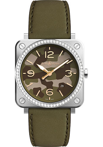 Bell & Ross BR S Green Camo Diamonds Watch - Calfskin Strap