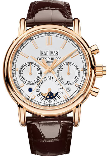 Patek Philippe Grand Complications Split Seconds Chronograph Pertetual Calendar Watch - 40.2mm Rose Gold Case - Silver Dial - Chocolate Strap
