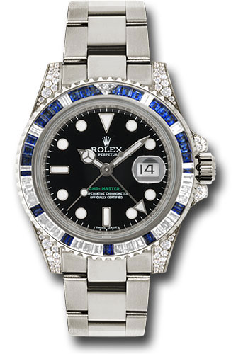 Rolex White Gold GMT-Master II 40 Watch - Diamond And Blue Sapphire Bezel - Black Dial - Oyster Bracelet