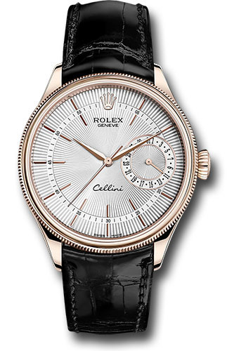 Rolex Cellini Date Watch - Everose - Silver Dial - Black Leather Strap