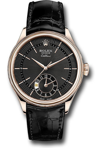 Rolex Cellini Dual Time Watch - Everose Gold - Black Dial - Black Leather Strap