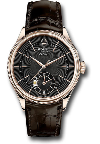 Rolex Cellini Dual Time Watch - Everose - Black Dial - Brown Leather Strap
