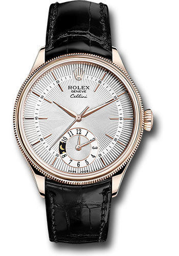 Rolex Cellini Dual Time Watch - Everose - Silver Dial - Black Leather Strap