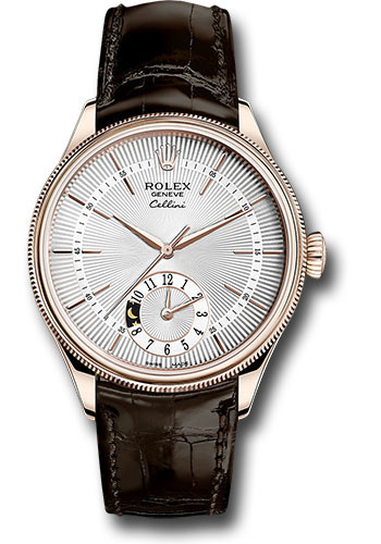 Rolex Cellini Dual Time Watch - Everose Gold - Silver Dial - Brown Leather Strap